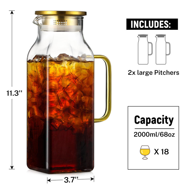 Paquet de 2 pichets carrés en verre de 2 litres / 68 oz avec couvercle et poignée pour réfrigérateur, carafe à thé glacé et carafe à café, carafe en eau borosilicatée résistante à la chaleur pour boissons chaudes / froides et lait