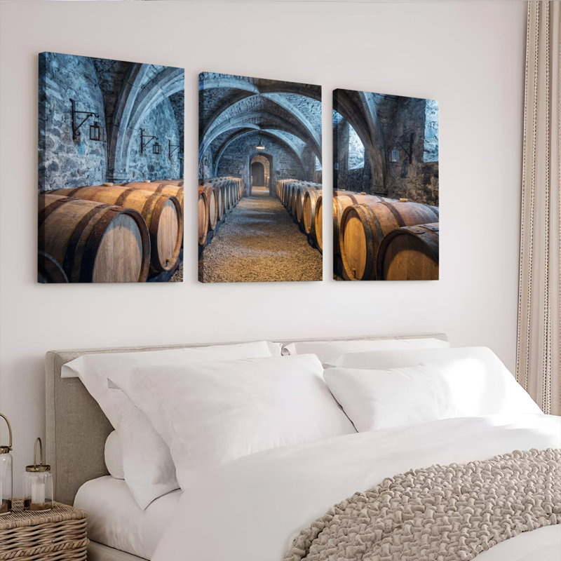 Ensemble de 3 tableaux sur toile tendue représentant une cave à vin voûtée en tonneaux, 2436