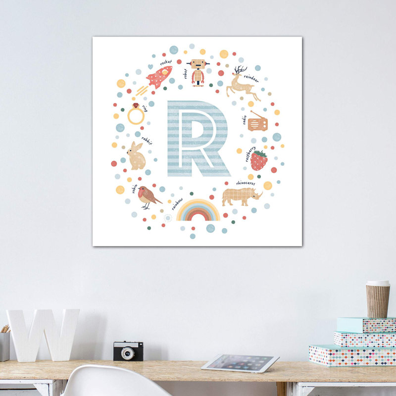 Lettre illustrée R bleue - impression, Pas de tapis, H 26 po x l 26 po x P 1,5 po, Toile tendue
