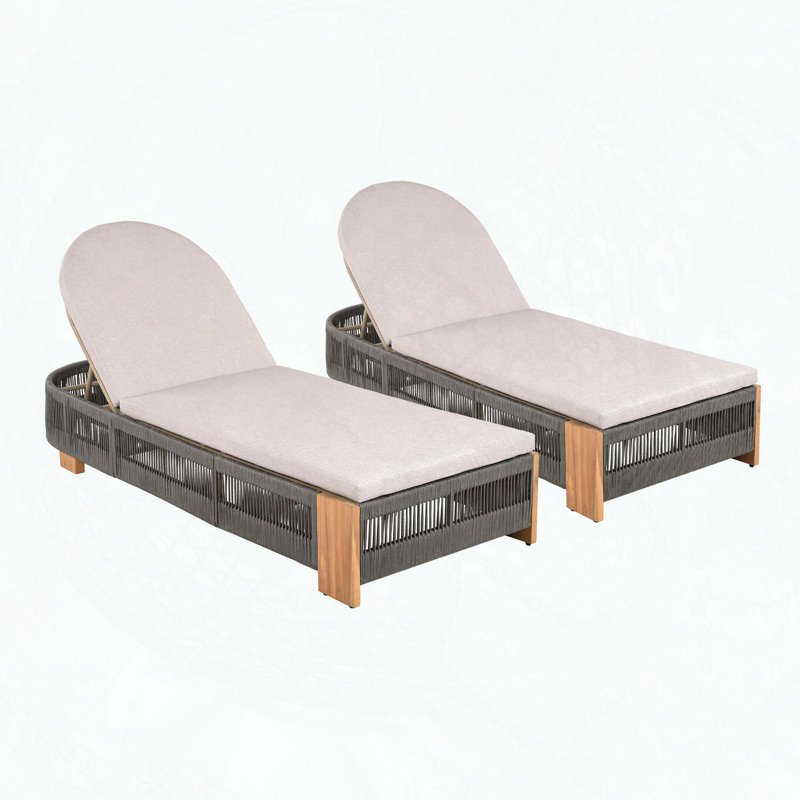 Ensemble de 2 chaises longues d'extérieur réglables en bois d'acacia avec corde grise et fer naturel (non rembourrées), Gris