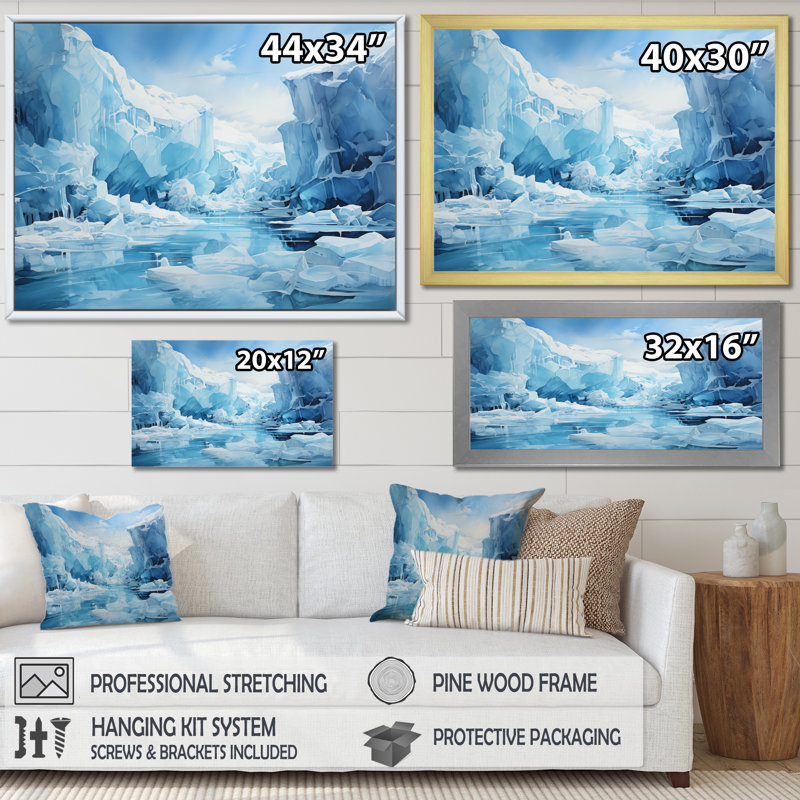 Glaciers translucides Bartola Antartica, H 16 po x l 32 po x P 1 po, Cadre flottant doré