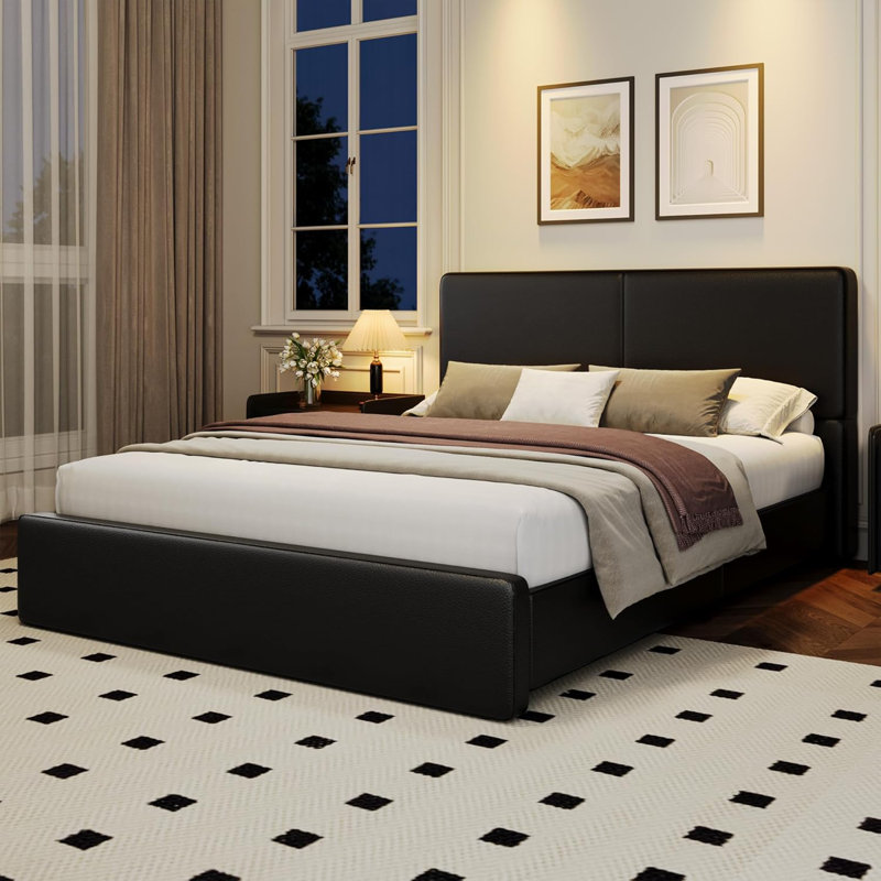 Structure de lit plateforme tapissier avec tête de lit, lattes en bois, sans bruit, sans sommier, Full, Black
