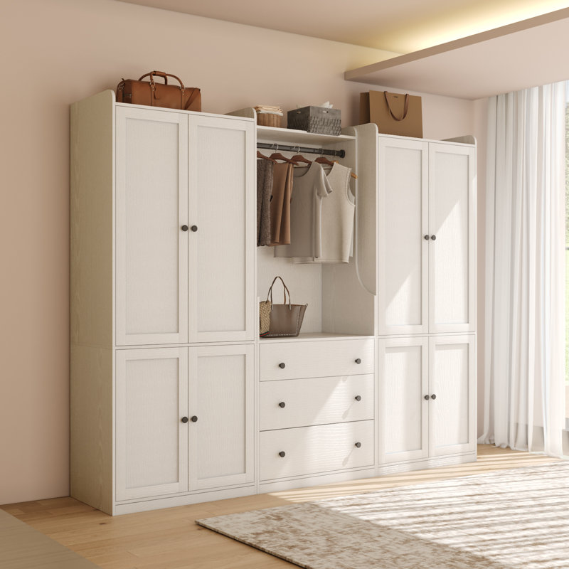 Contemporary Freestanding Wardrobe Armoire With Curved Side Panels, Hanging Rod & 3 Drawers