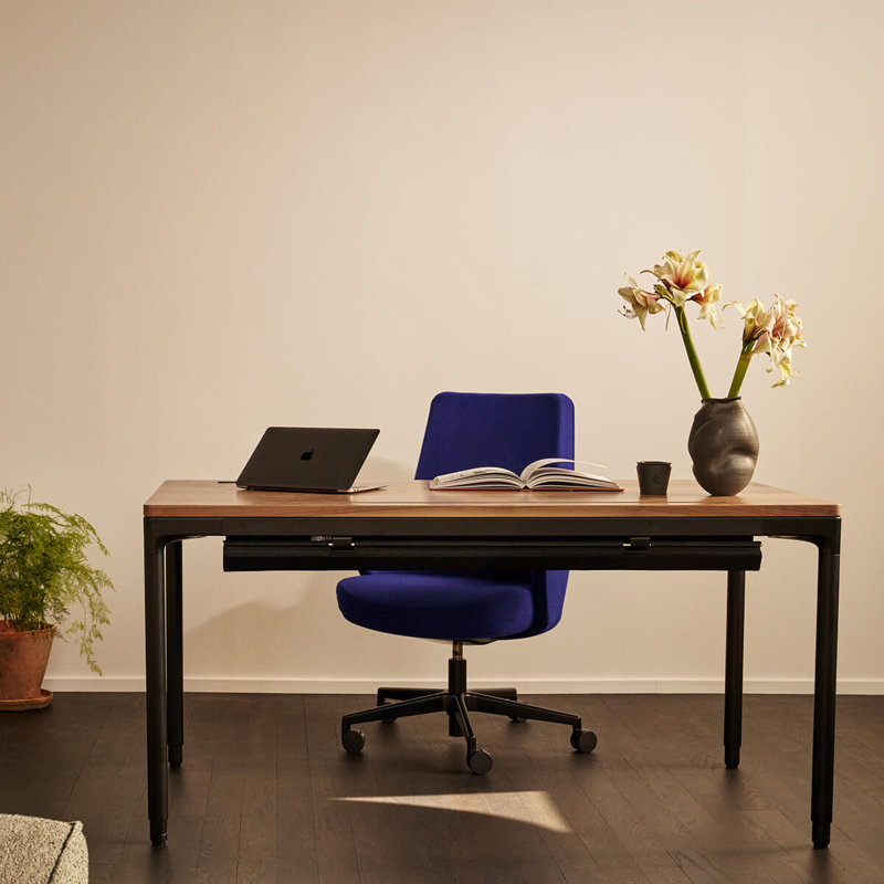 eFloat Quattro, 23 in. D x 58 in. W Sit-Stand Desk with Carbon Black Base, Carbon Black Painted Wood Top, and Black Salzburg Leather Cable Manager