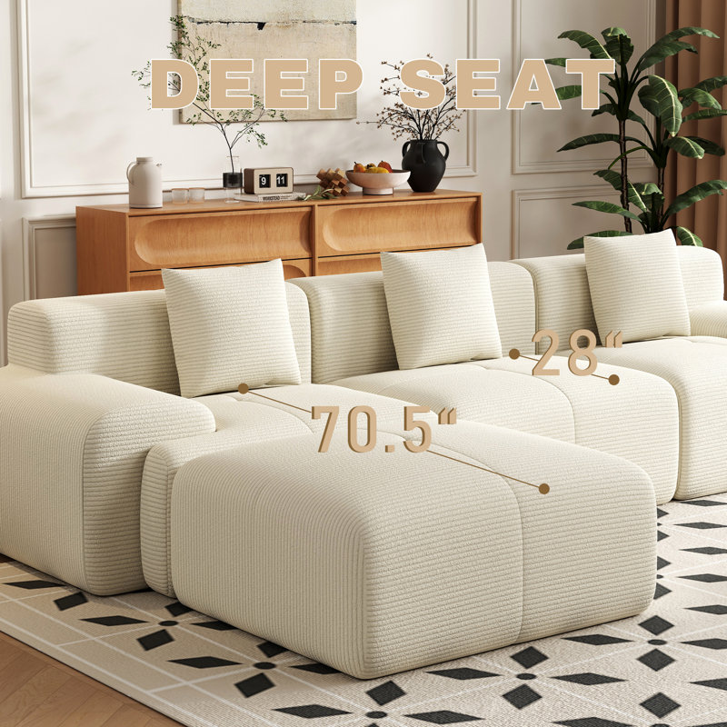 Boneless 120''W Mordern Design L Shpaed Corduroy Sectional Sleeper Compression Sofa With Ottoman, Gray