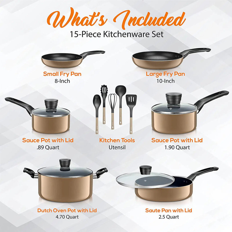 15-Piece Black Aluminum Non-Stick Cookware Set with Utensils