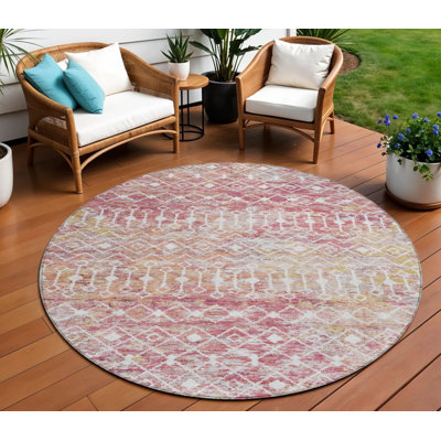 Tapis rond lavable intérieur / extérieur rose 8 pi Argyle
