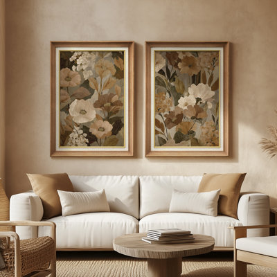 Vintage Garden Floral Pattern Warm Earth Tones – Set of 2 Premium Framed Wall Art Print on Paper 26"x36"