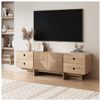Meuble télé Shelsea pour téléviseur de 75 po ou moins, console de divertissement Mid-Century moderne avec 2 portes et 4 tiroirs