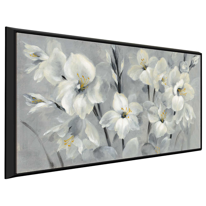 «Flowers on Grey», reproduction de peinture acrylique sur toile, H 21,5 po x l 33,5 po x P 2 po, Cadre flottant noir
