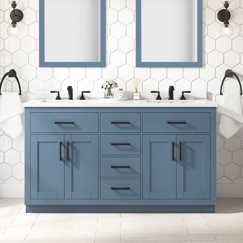 Meuble-lavabo autoportant à double cuve 60 po avec comptoir en pierre blanche et dosseret Bailey, noir mat, Bleu lagune
