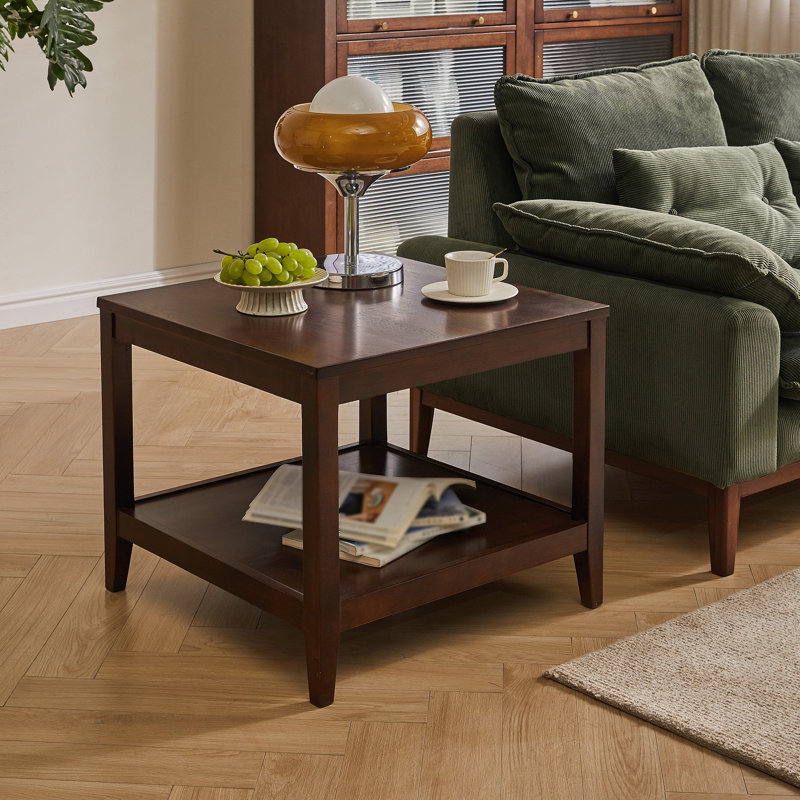 Table de bout en bois massif, table d'appoint carrée à 2 niveaux avec tablette de rangement, table de chevet en bois, petite table basse