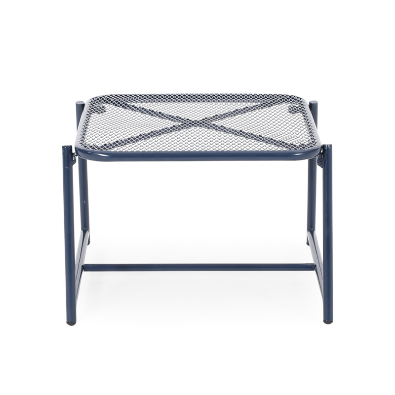 13.15"H Iron Side Table In Navy Blue For Outdoor Yard, With Mesh Top And Modern Sled Base Table, T Frame, Blue