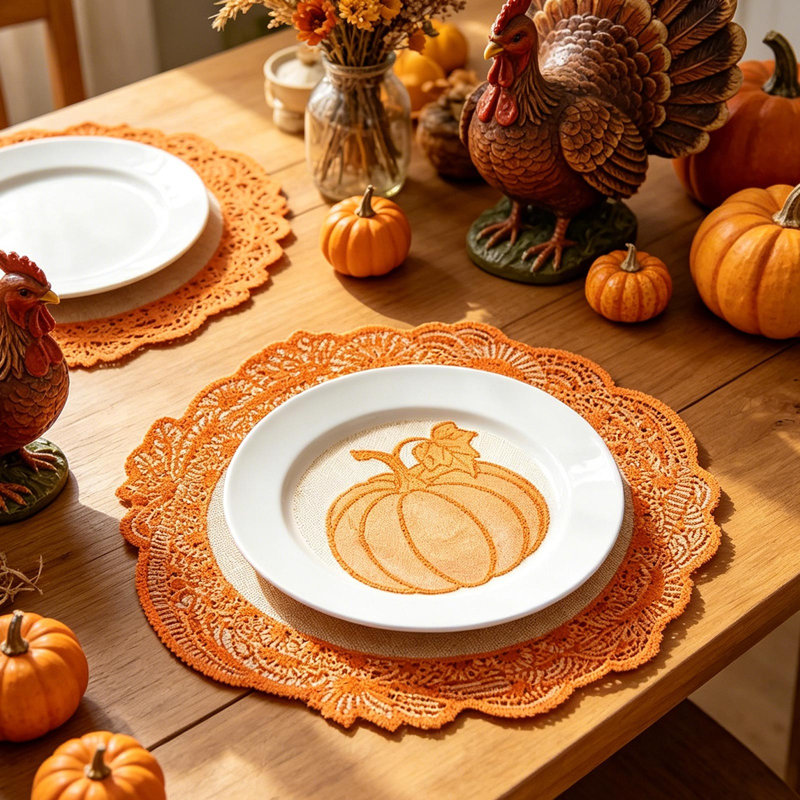 Napperons ronds en dentelle à motif citrouille d'automne, 30 cm, tricotés, orange, pour la décoration de table de l'Action de grâce, pour la maison ou les fêtes.