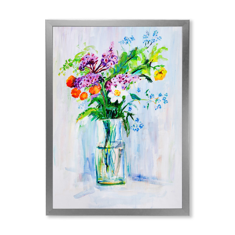 Bouquet de fleurs d'été - peinture, H 20 po x l 12 po, Cadre photo argenté
