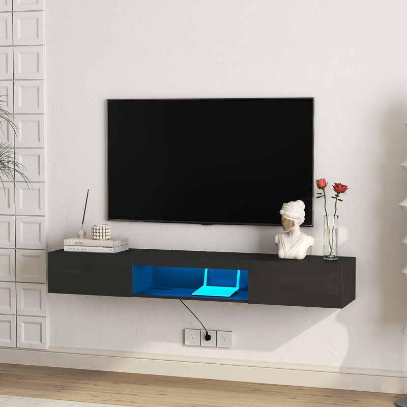 Meuble télé 16 couleurs mural, pour téléviseurs de 55 à 65 po, armoire flottante pratique, centre de divertissement 63 po pour 55 60 65 noir