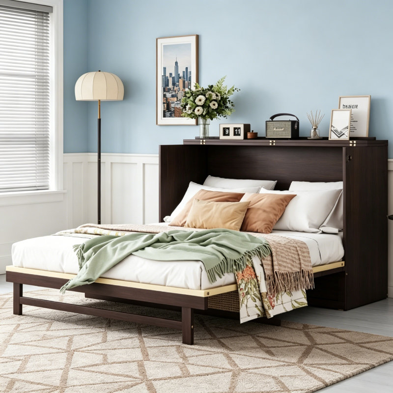 Grand lit escamotable, armoire-lit en bois avec tiroirs, Espresso
