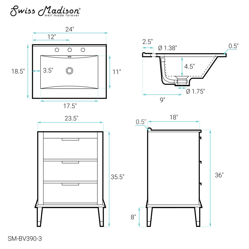 Meuble-lavabo 24 po Hugo en noyer, Blanc lustré, Ensemble central de 4 po