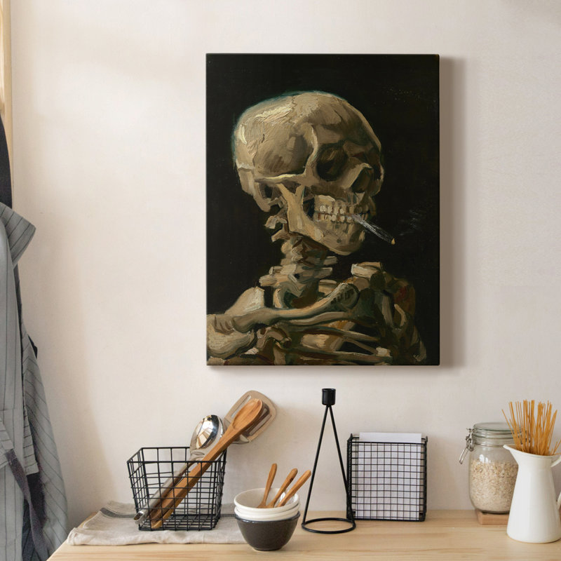 " Skull Of A Skeleton With Burning Cigarette ", 12" H x 8" W x 1" D