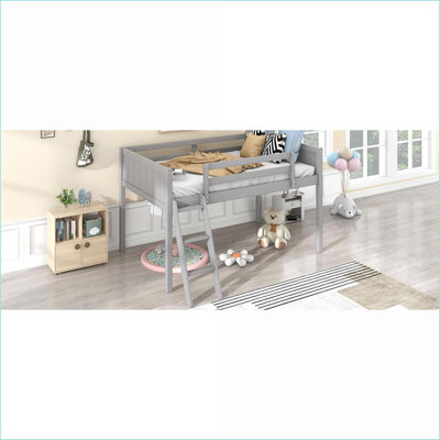 Twin Size Solid Pine Wood Low Loft Bed with Convertible Ladder, No Box Spring Needed, Gray