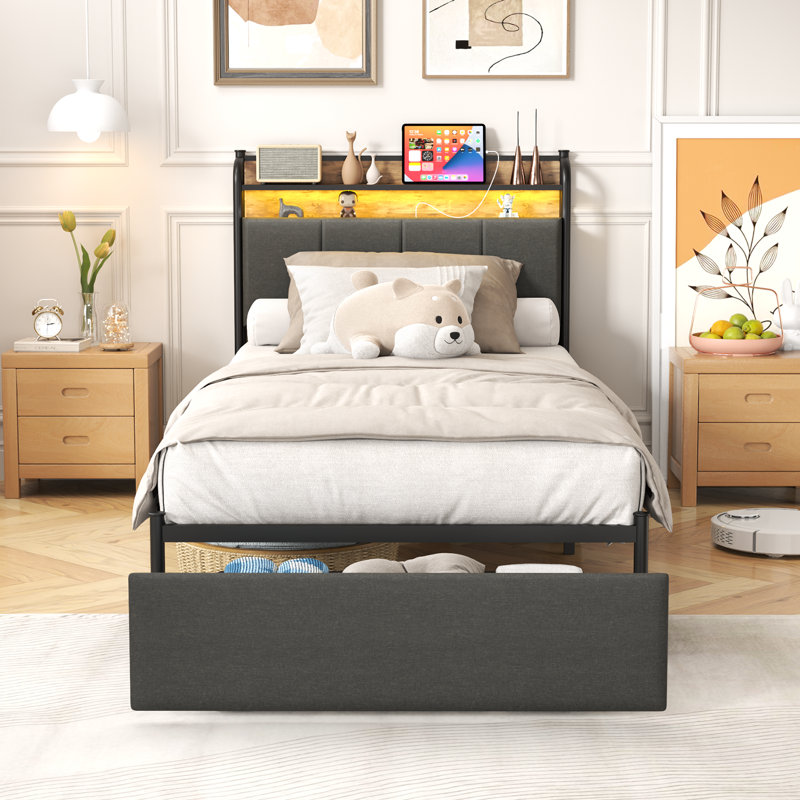 Bed Frame, Storage Headboard With Charging Station, Solid And Stable, Noise Free, No Box Spring Needed, Easy Assembly, Twin