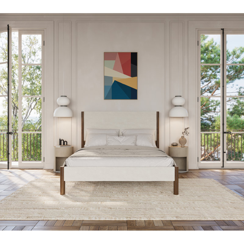 Base de lit en bois massif Ardin avec tête et pied de lit rembourrés crème, Grand lit, Noyer