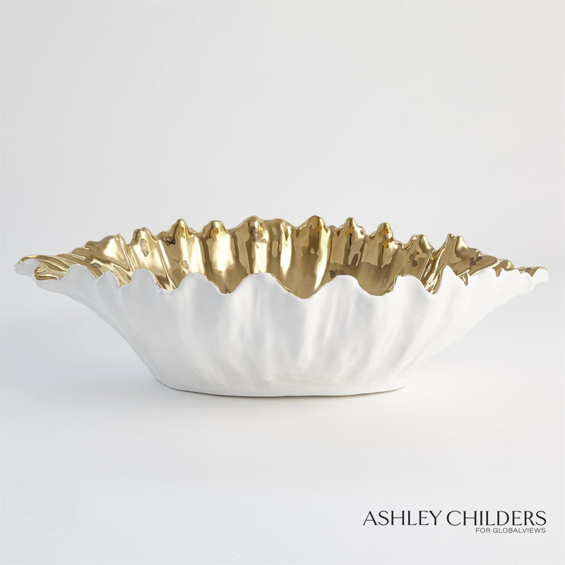Organic Wave Oval Bowl-White-Lg, 6.25" H x 24" W x 14.25" D, White/Gold