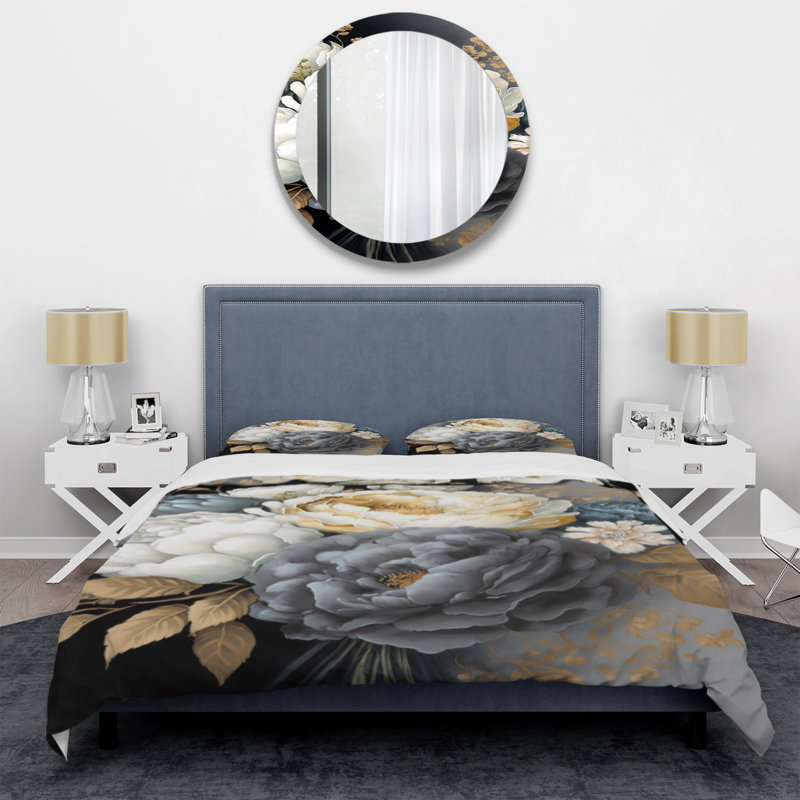 Ensemble de housse de couette pivoine blanche, bleue et grise I - Floral, Housse de couette pour grand lit et 2 taies décor
