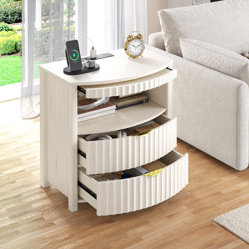 Fluted Curved Bedside Table with Human Sensor Light, Charging Station, White