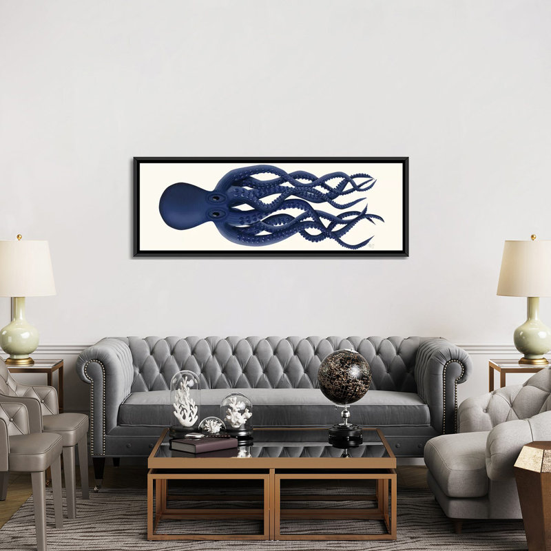 «Giant Octopus Blue Panoramic», reproduction d'impression sur toile tendue, H 20 po x l 60 po x P 1,5 po, Cadre noir