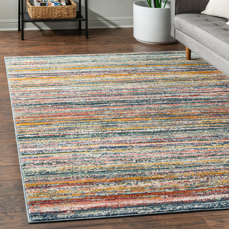 Tapis rayé jaune / bleu / rouge / bleu marine Hulsey, Rectangle 7 pi 10 po x 10 pi 2 po