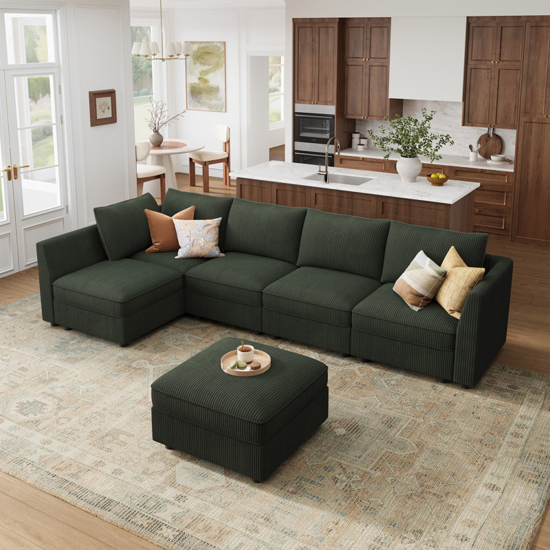 Tremee L-shaped Modular Sleeper Sofa Upholstered Sectional Sofa Couch Green, Green Corduroy