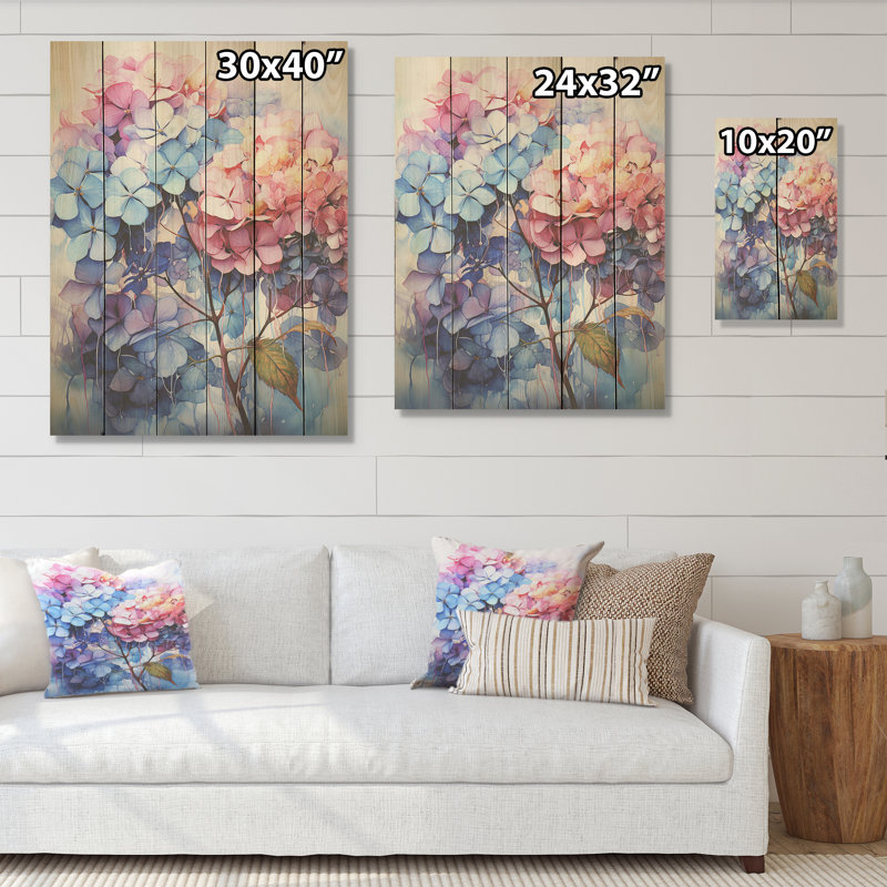 Fleurs d'hortensias - Art mural en bois d'hortensias sur bois de pin naturel, H 32 po x l 24 po