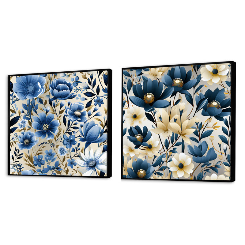 Doynton - Ensemble de 2 collages carrés floraux, Cadre flottant noir, H 16 po x l 33 po