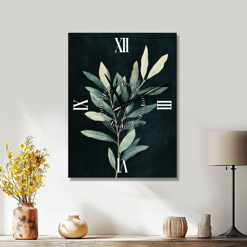 Olive Branch après la tombée de la nuit I - Horloge murale en métal noir de style Japandi, 32" H x 24" W - Rectangle