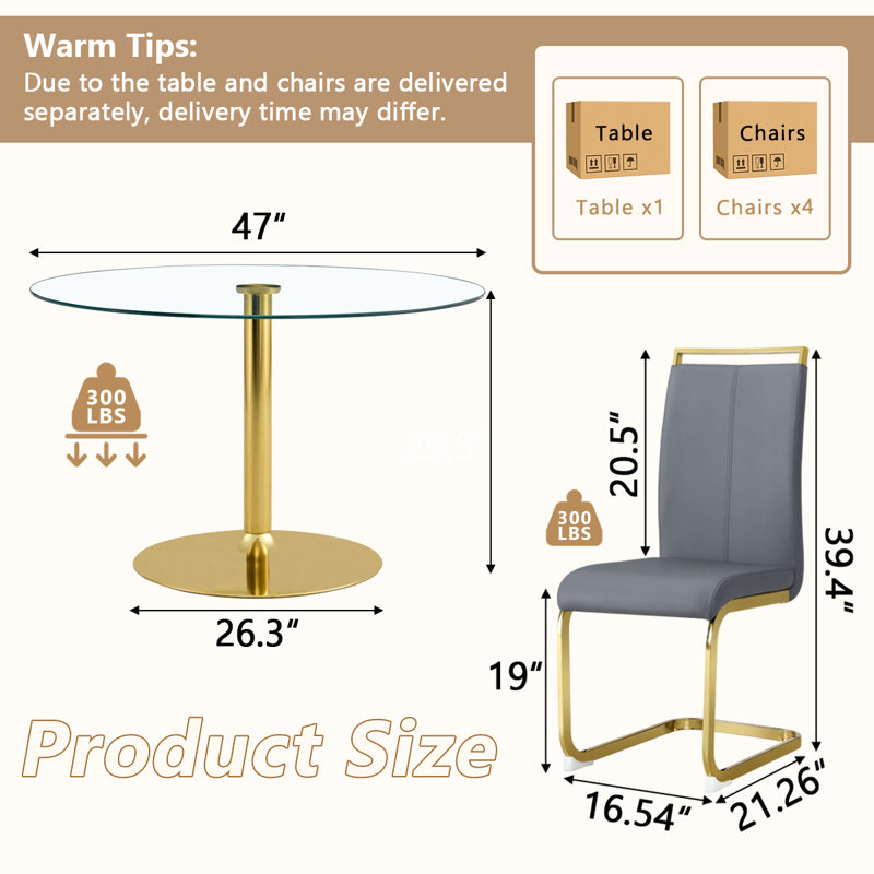 5 - Piece Pedestal Dining Set, 29.5"H x 47"L x 47"W, Light Gray