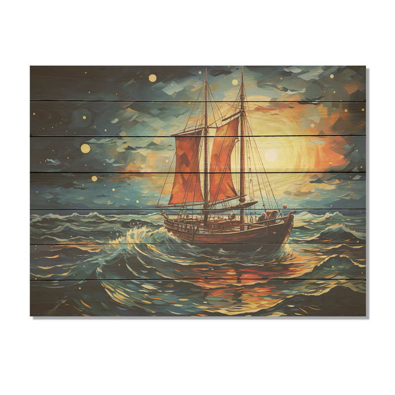 «Moonlight Saiboat Horizon II» - Bateau à voile sur bois, H 30 po x l 40 po x P 0,78 po