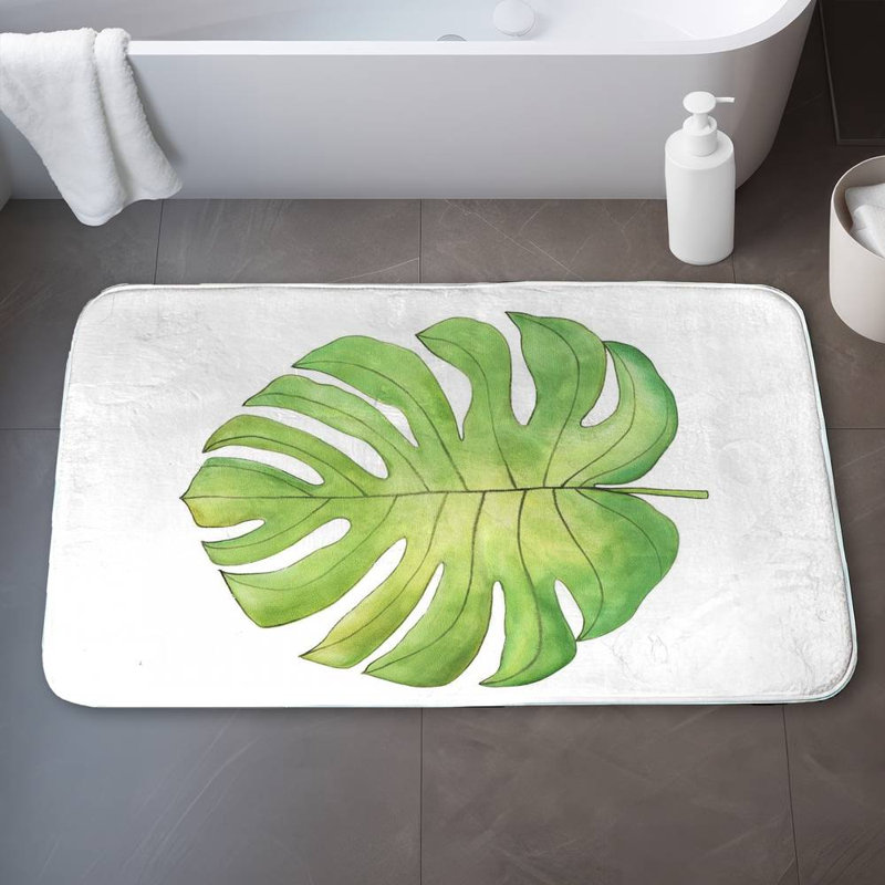 Tropical leaf Bath Mat with Non-Slip Backing - Quick Dry Memory Foam Bathroom Rug - Absorbent - Modern Plush Spa-Style - Machine Washable
