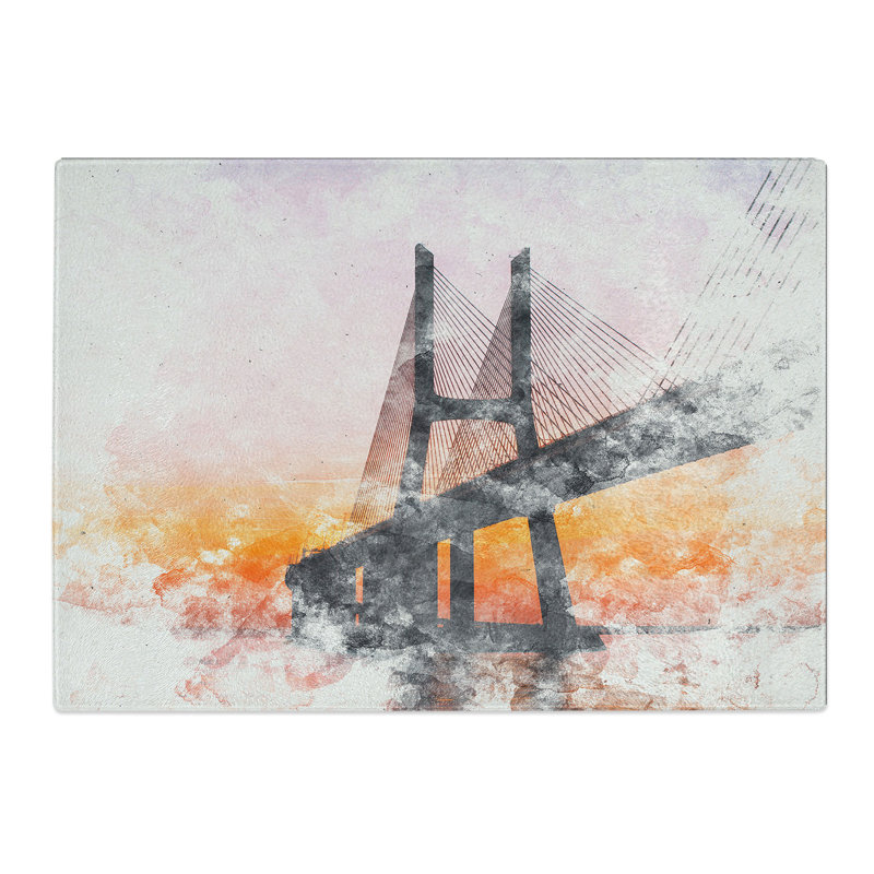 Tempered Glass Vasco Da Gama Bridge in Portugal Abstract Watercolour Chopping Board, 20 cm x 28.5 cm