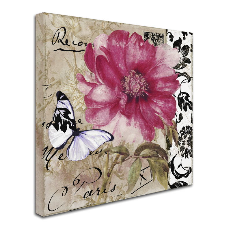 Le Pink Butterfly and Floral Canvas Art in Black, White, and Tan