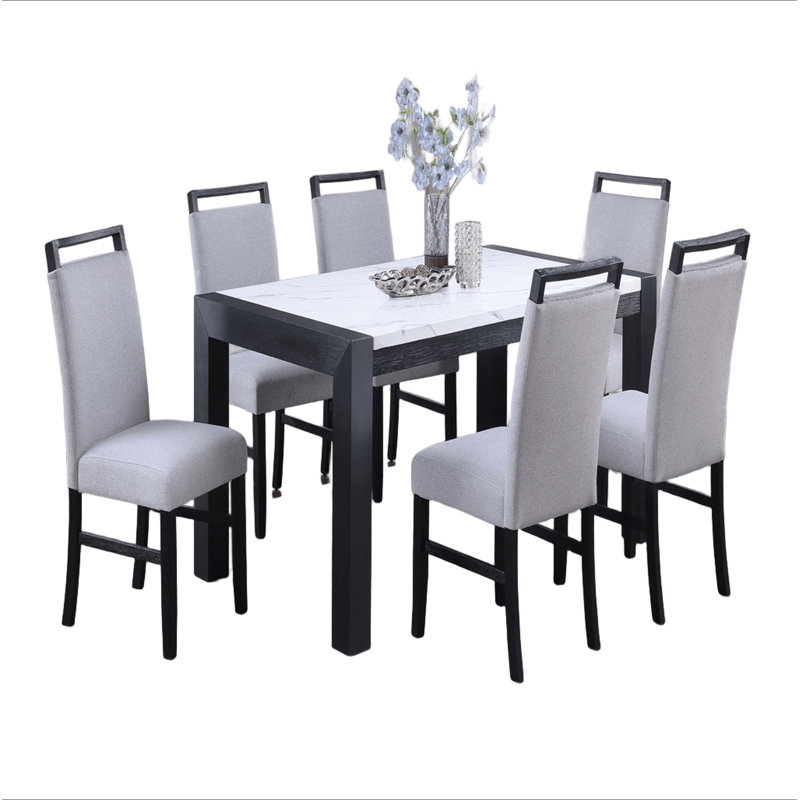 Ensemble de salle à manger de style moderne et 6 chaises d'appoint en faux marbre blanc, 7 pièces : table, 6 chaises