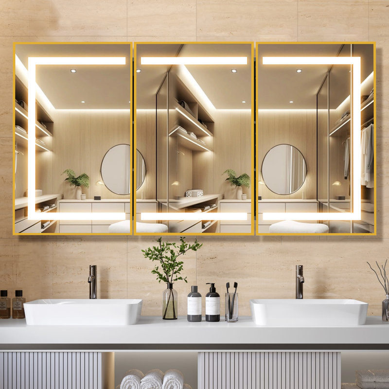 W H Framed Medicine Cabinet Mirror Fixed, Gold, 32" H x 48" W x 5" D