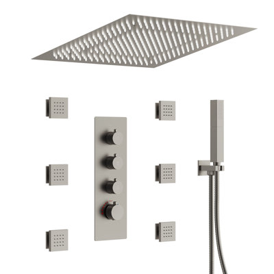 Système de douche thermostatique à pluie, pomme de douche à DEL au plafond 20 po avec douche à main, jet corporel