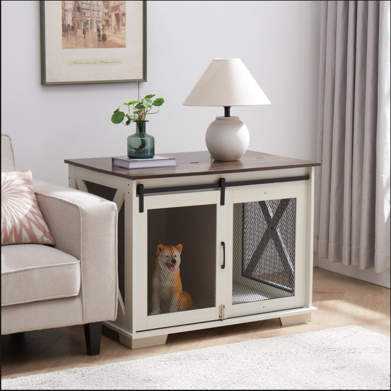 Cage pour chien avec cage de grange coulissante Ethereal Farmhouse, Blanc