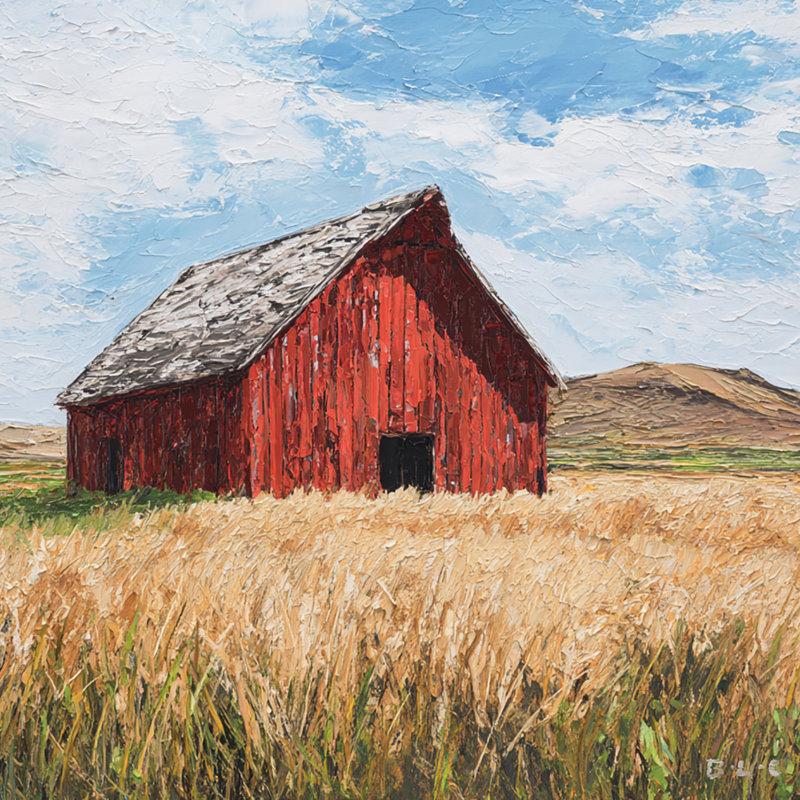 «Red Barn in Wheat Field», art mural sur toile tendue