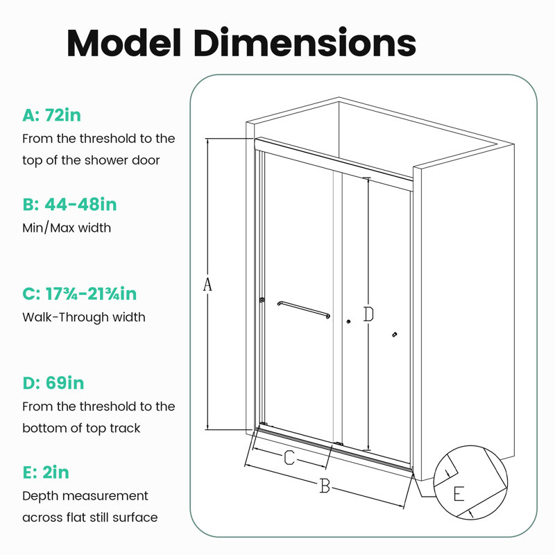 48 In W X 72 H Shower Door, Double Bypass, 6Mm Tempered Glass, , Simple Towel Bar Handle Bathroom Sliding 44"-48"W 72"H, Build