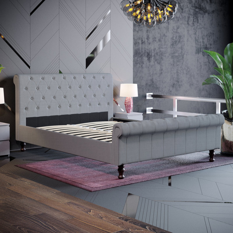 Barr Upholstered Velvet Sleigh Bed, Kingsize (5'), Light Grey Linen