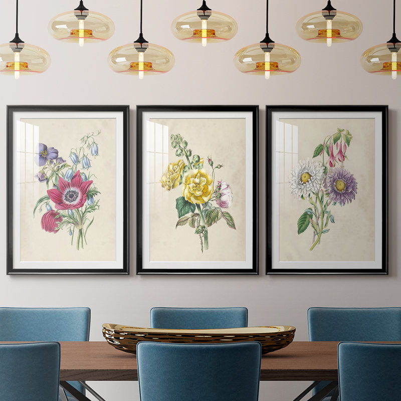 Antique Garden Bouquet I - Impression personnalisée de qualité supérieure avec cadre mat - 3 pièces, H 39 po x l 81 po