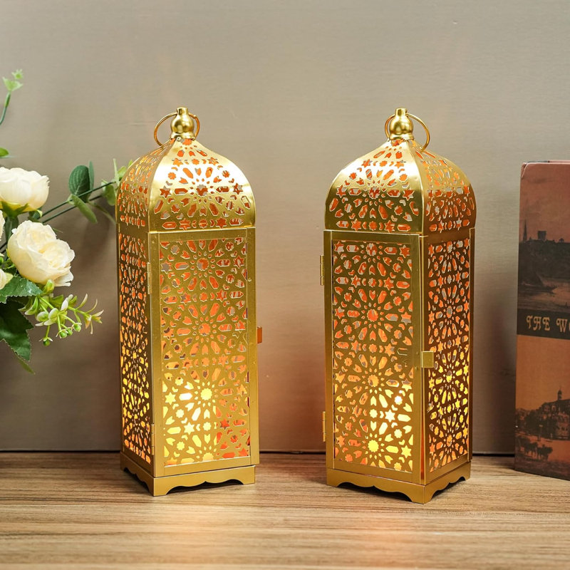Ensemble de 2 lanternes à bougie décoratives rétro de 12,5 po de haut (doré)