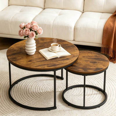 Table basse gigogne 2 pièces 27,6 po, plateau en bois à imprimé marbre et table de bout latérale en métal